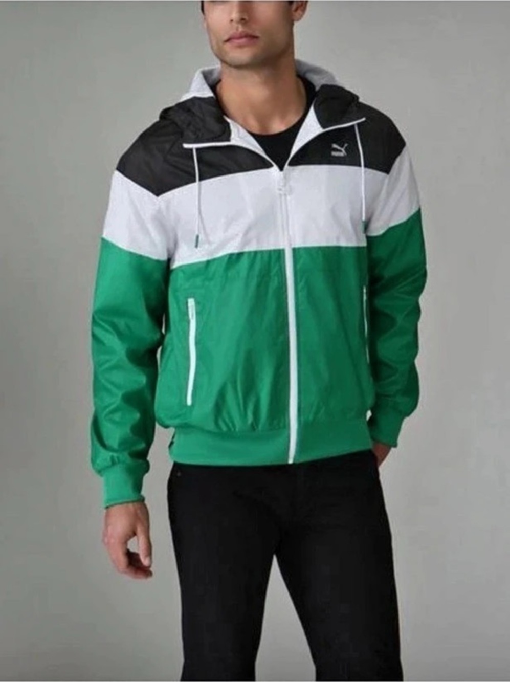 PUMA Heroes Mesh-Lined Colorblock Windbreaker Hoodie Jacket Green Black Size XXL